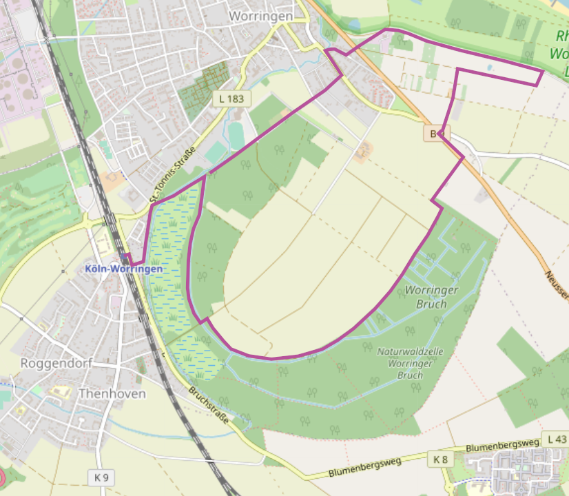 Karte: So könnte man in der Worringer Bucht wandern. Die markierte Strecke entspricht der Beschreibung ohne Abkürzung (Quelle: Openstreetmap mit eigenen Ergänzungen)