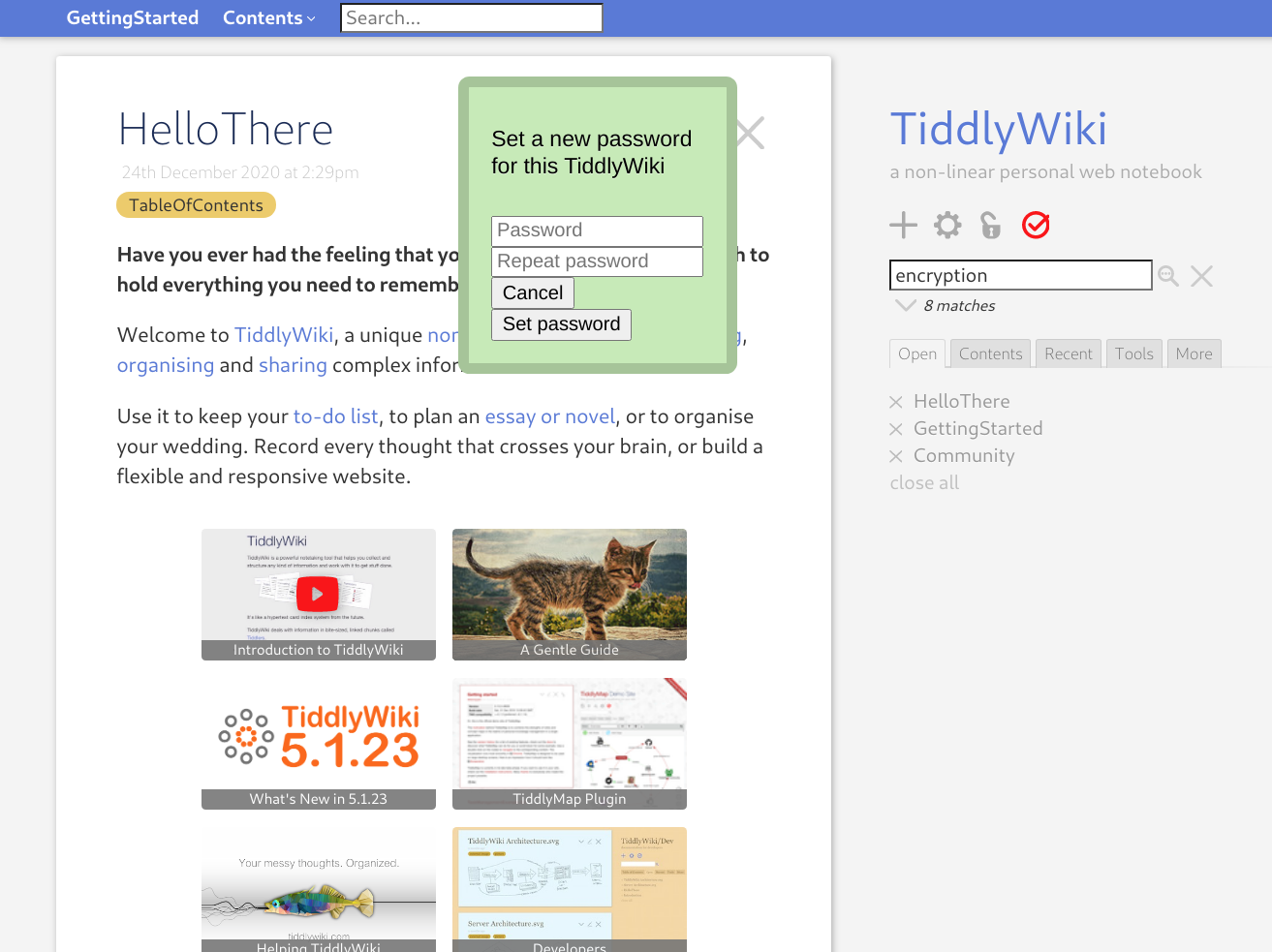 Screenshot: Einstellen eines Passworts für die Verschlüsselung eines TiddlyWikis.